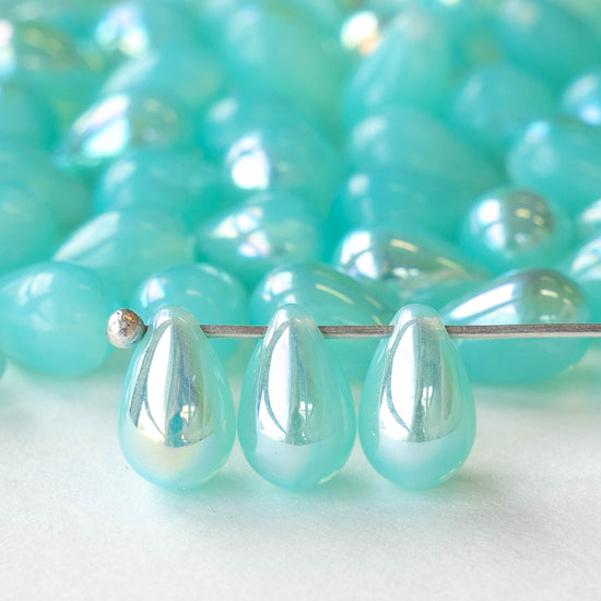 6x9mm Glass Teardrop Beads - Seafoam Opaline Luster - 50 Beads
