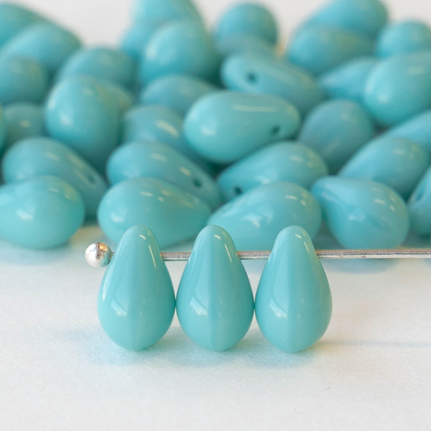 6x9mm Glass Teardrop Beads - Opaque Robins Egg Turquoise - 50 Beads
