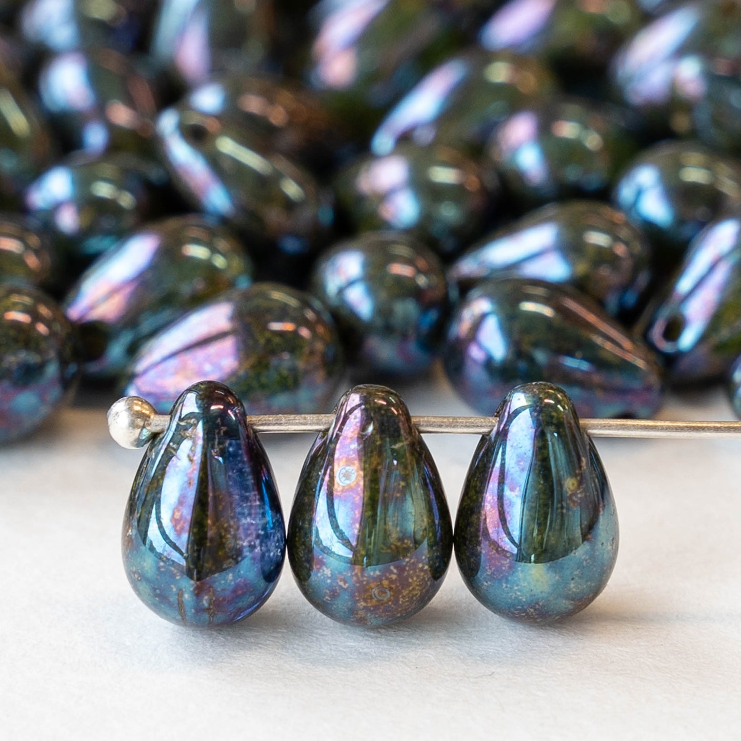 6x9mm Glass Teardrop Beads - Purple Blue Oil Slick - 30 Beads