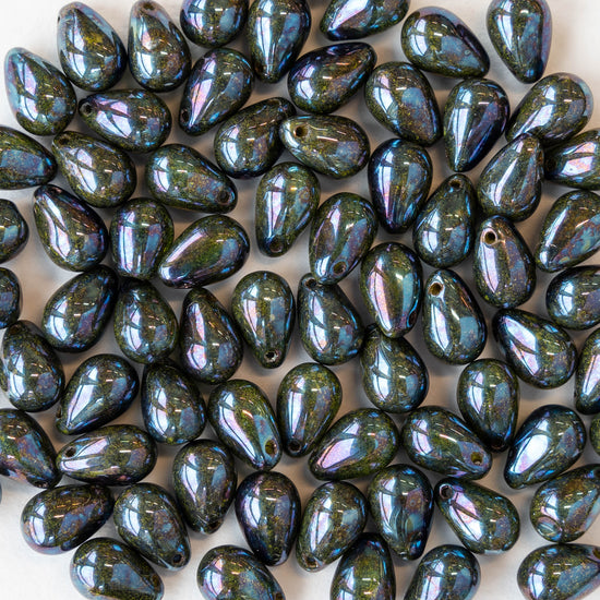 6x9mm Glass Teardrop Beads - Purple Blue Oil Slick - 30 Beads