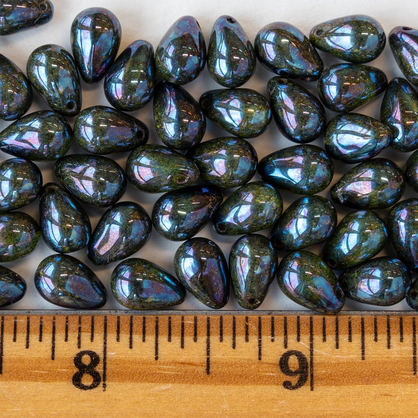 6x9mm Glass Teardrop Beads - Purple Blue Oil Slick - 30 Beads