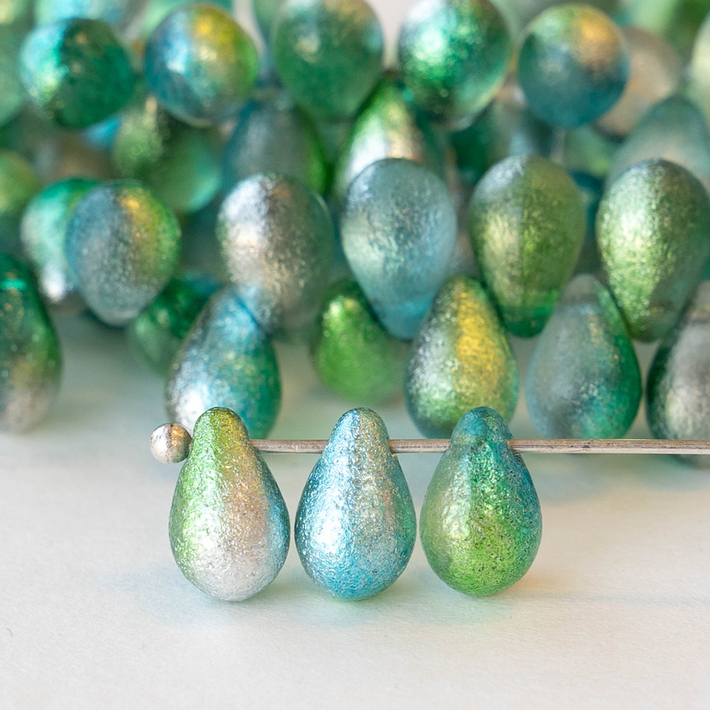 6x9mm Glass Teardrop Beads - Etched Aqua and Green - 25 beads