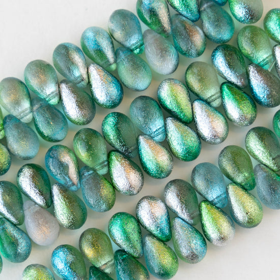 6x9mm Glass Teardrop Beads - Etched Aqua and Green - 25 beads