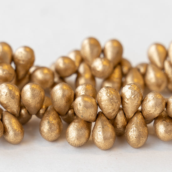 6x9mm Glass Teardrop Beads - Gold Matte - 25 Beads