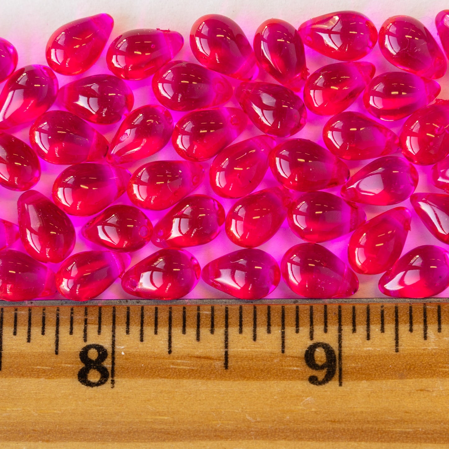 6x9mm Frosted Glass Teardrops - Hot Pink - 55 Beads