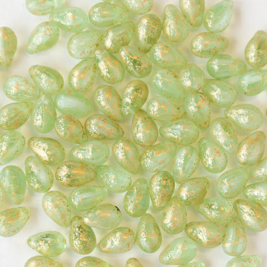 6x9mm Glass Teardrop Beads - Light Green with Gold Dust - 50 Beads