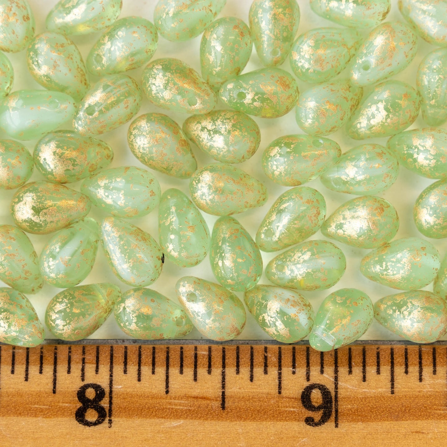 6x9mm Glass Teardrop Beads - Light Green with Gold Dust - 50 Beads