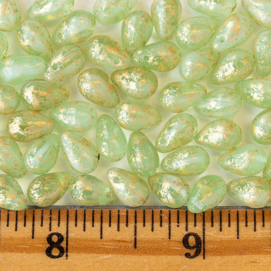 6x9mm Glass Teardrop Beads - Light Green with Gold Dust - 50 Beads