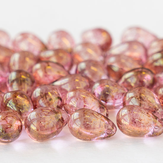 6x9mm Glass Teardrop Beads -  Rosaline Luster - 60 Beads
