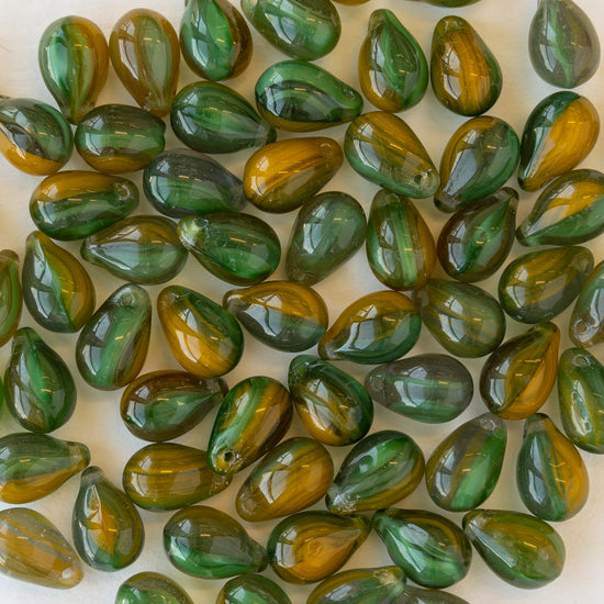 Load image into Gallery viewer, 6x9mm Glass Teardrop Beads -  Green and Amber Striped Mix - 60 Beads
