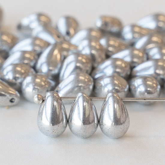 6x9mm Glass Teardrop Beads - Silver - 50 beads
