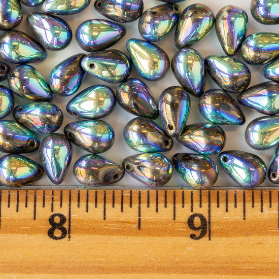 Load image into Gallery viewer, 6x9mm Glass Teardrop Beads - Black Iridescent Iris - 30 Beads
