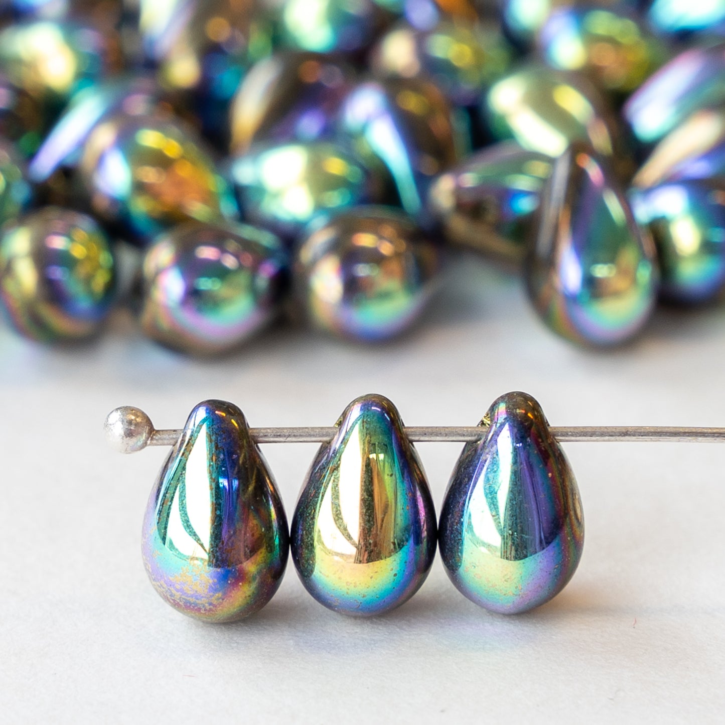 6x9mm Glass Teardrop Beads - Black Iridescent Iris - 30 Beads –  funkyprettybeads
