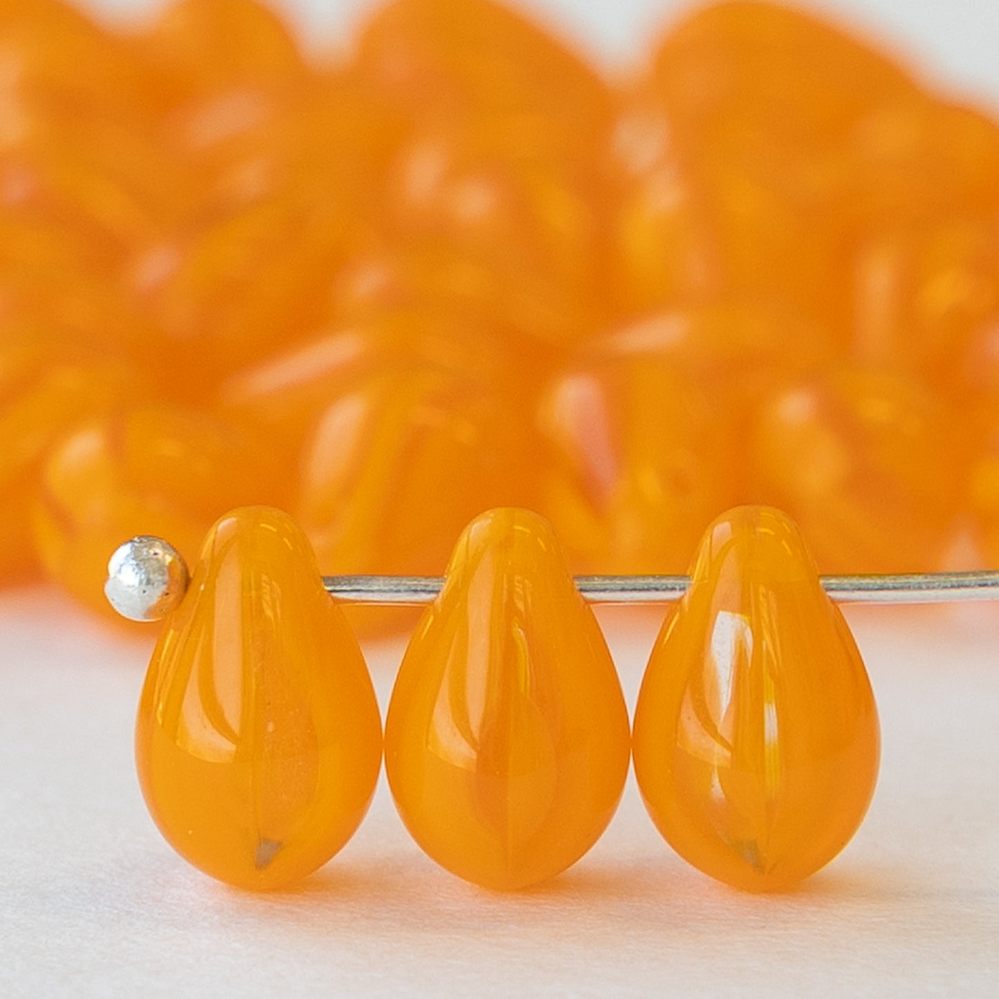 6x9mm Glass Teardrop Beads -  Orange Opaline Striped - 50 Beads