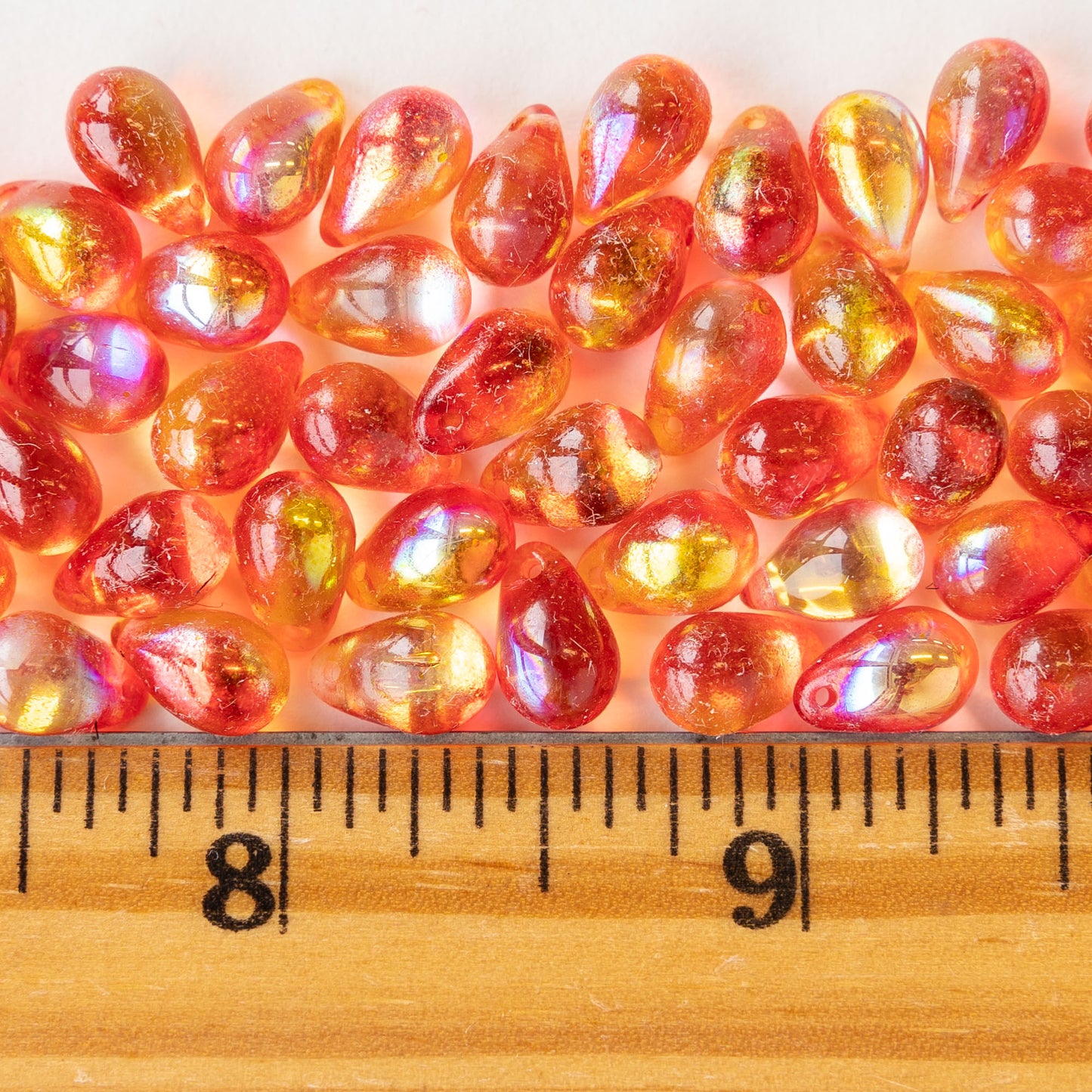 6x9mm Glass Teardrop Beads -  Orange Red Luster - 50 Beads