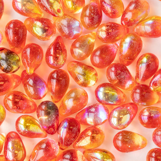 6x9mm Glass Teardrop Beads -  Orange Red Luster - 50 Beads