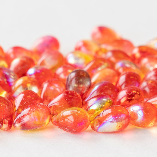 6x9mm Glass Teardrop Beads -  Orange Red Luster - 50 Beads