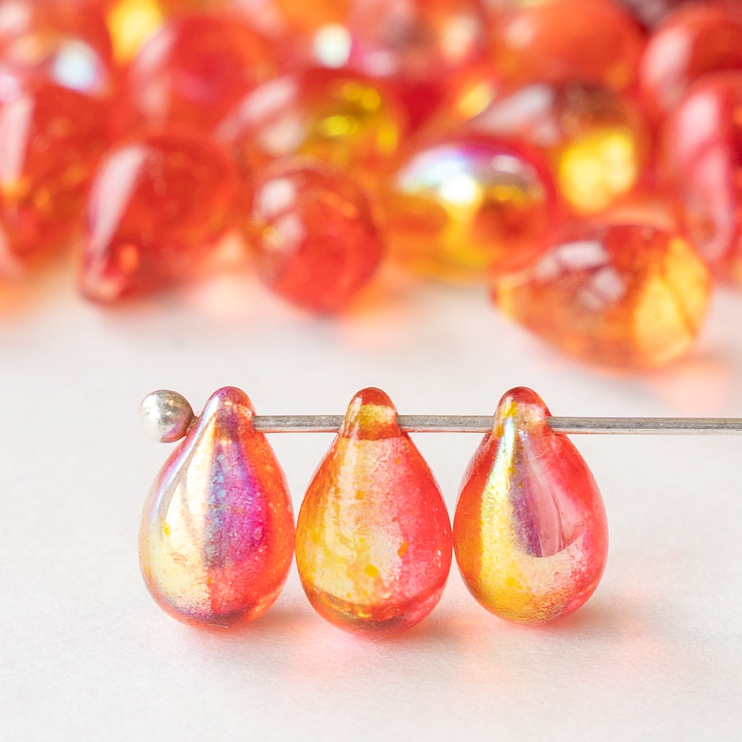 6x9mm Glass Teardrop Beads -  Orange Red Luster - 50 Beads