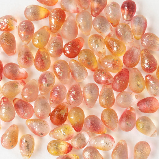 6x9mm Glass Teardrop Beads - Peachy Pink with Gold Dust - 50 Beads