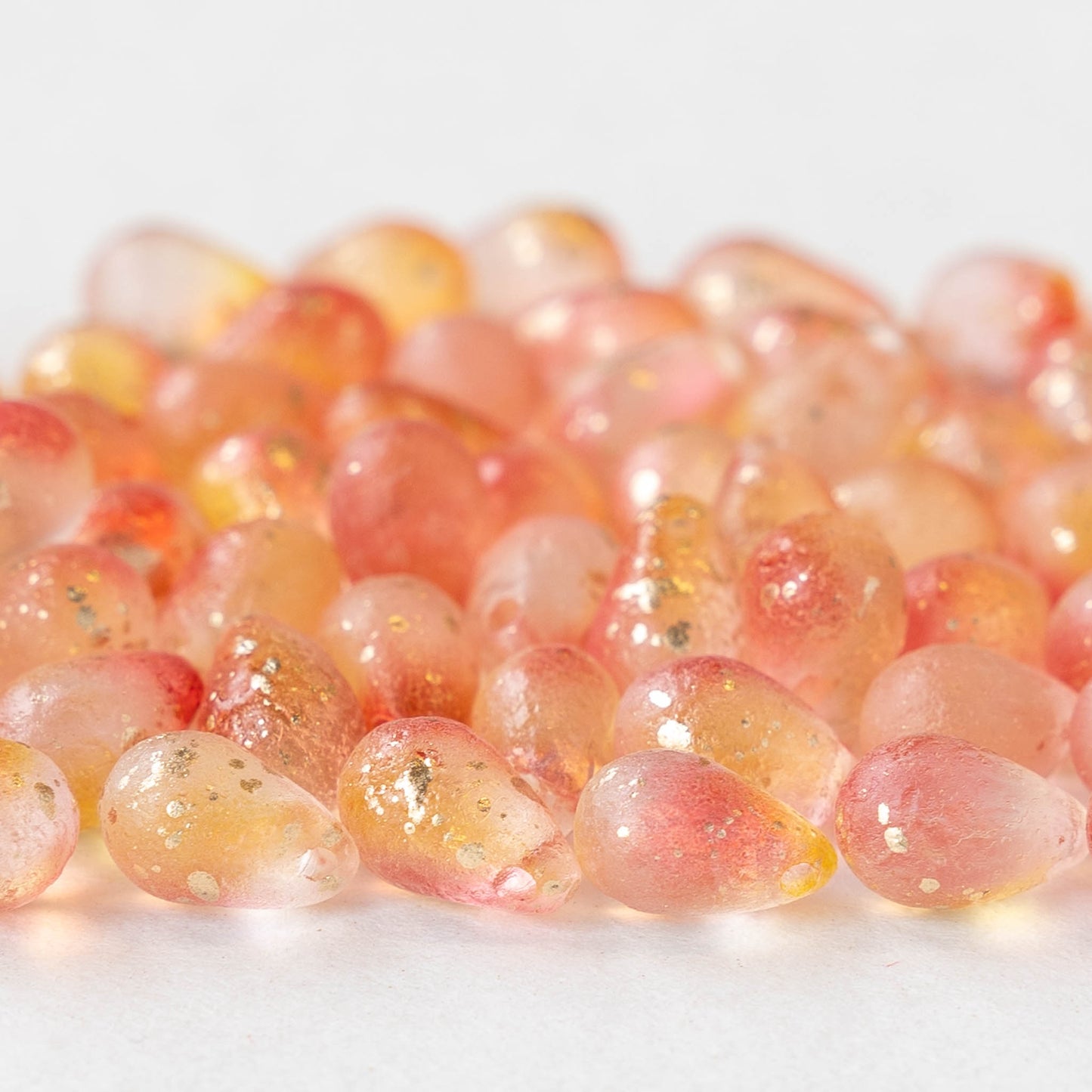 6x9mm Glass Teardrop Beads - Peachy Pink with Gold Dust - 50 Beads