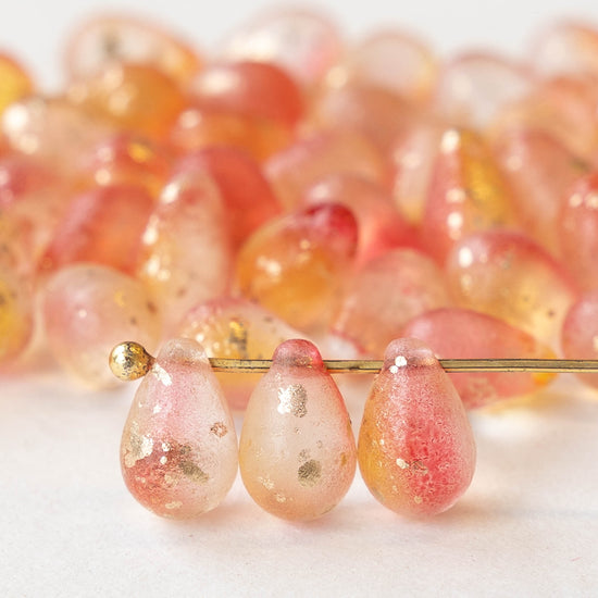 6x9mm Glass Teardrop Beads - Peachy Pink with Gold Dust - 50 Beads