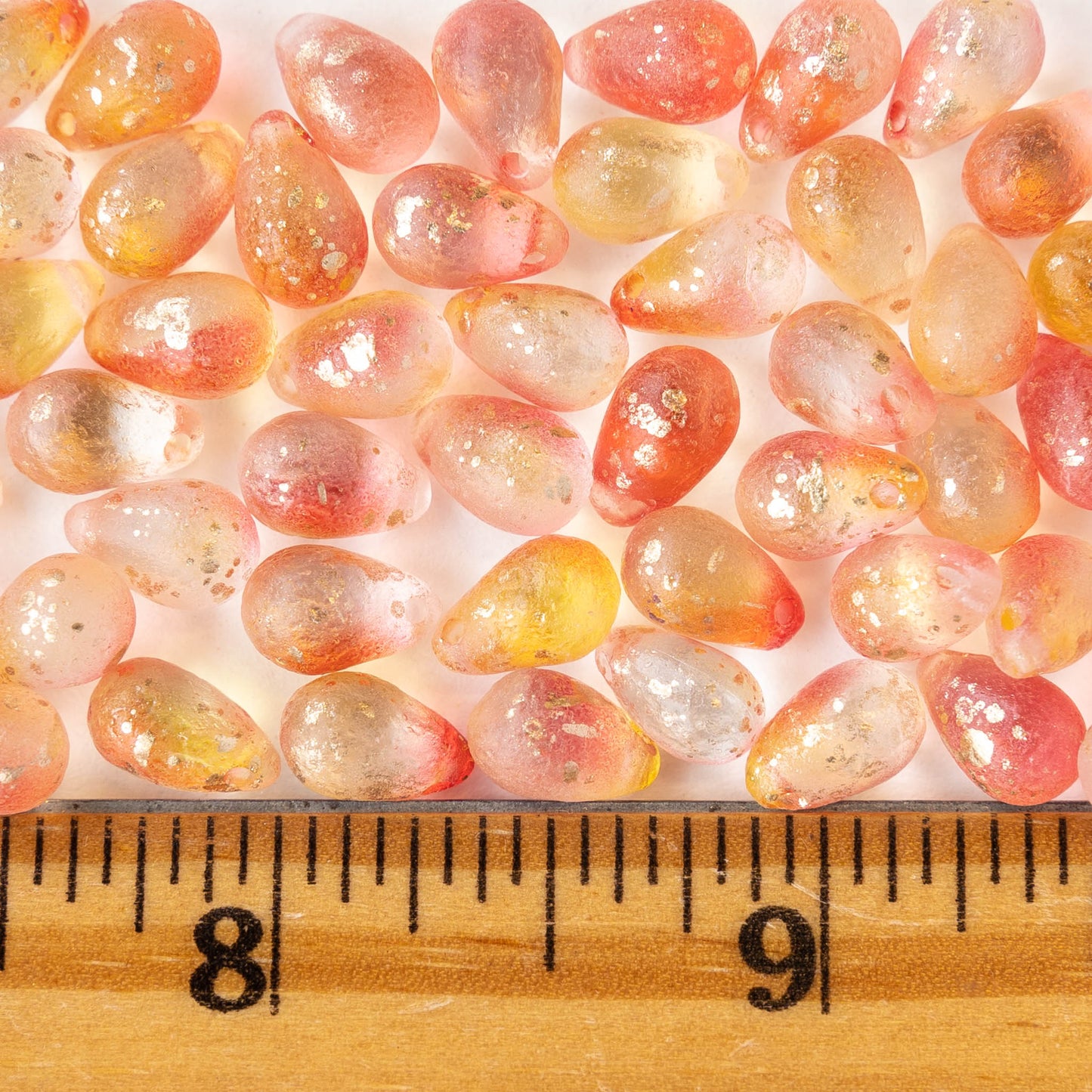 6x9mm Glass Teardrop Beads - Peachy Pink with Gold Dust - 50 Beads