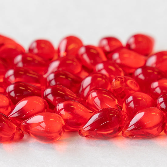 6x9mm Glass Teardrop Beads - Red - 50 Beads