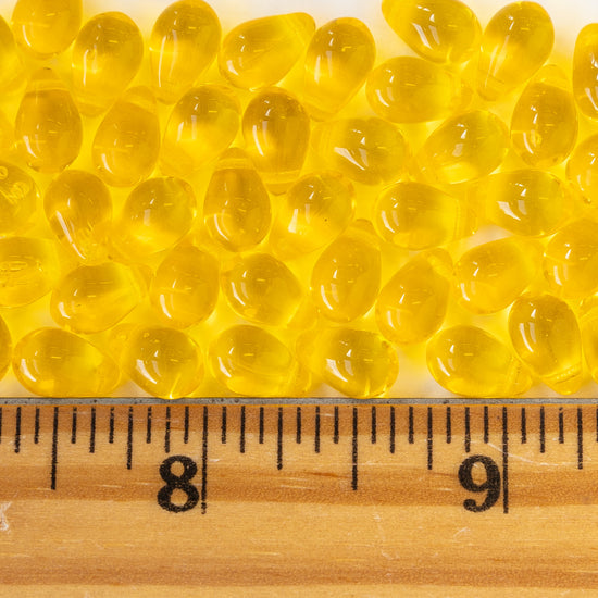 6x9mm Glass Teardrop Beads - Sunshine Yellow - 50 Beads