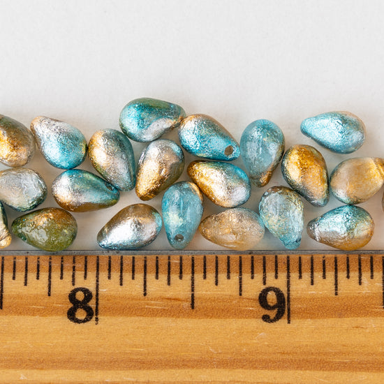 6x9mm Glass Teardrop Beads - Etched Orange Teal - 25 Beads