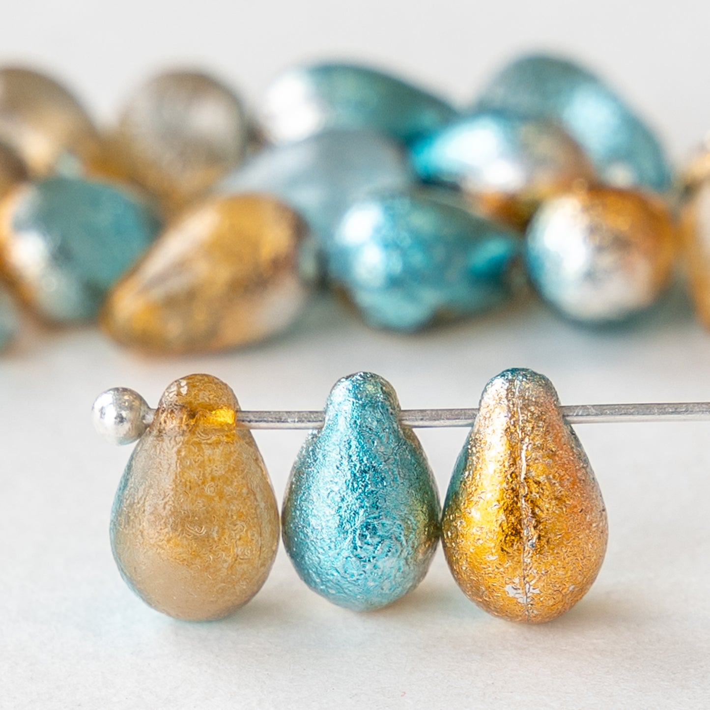 6x9mm Glass Teardrop Beads - Etched Orange Teal - 25 Beads