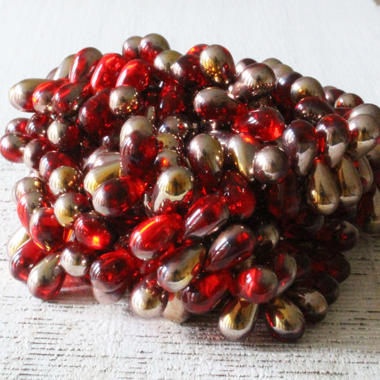 6x9mm Glass Teardrop Beads - Red with Gold - 50 Beads