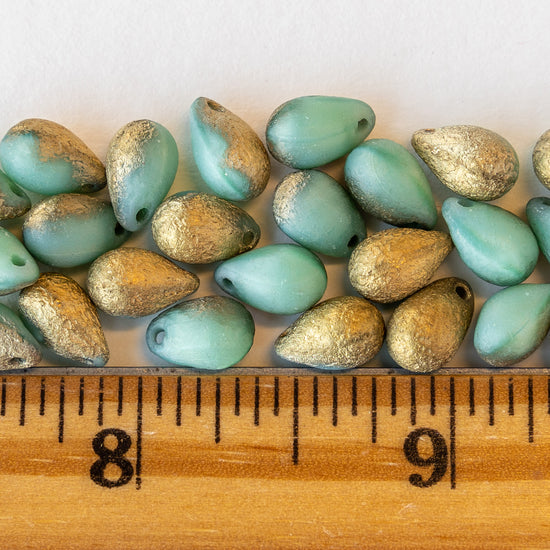 Load image into Gallery viewer, 6x9mm Glass Teardrop Beads -  Seafoam with Etched Gold Finish - 25 Beads
