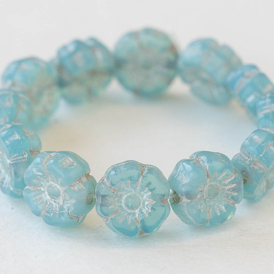7mm Glass Flower Beads - Light Blue Opaline with WhiteWash  - 12 Beads