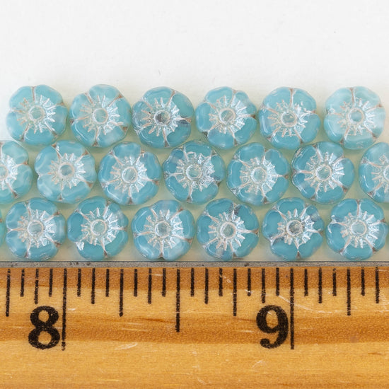 7mm Glass Flower Beads - Light Blue Opaline with WhiteWash  - 12 Beads