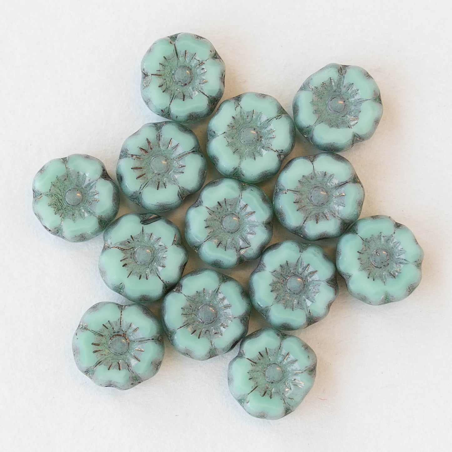 7mm Glass Flower Beads - Light Blue with Picasso Wash - 12 Beads