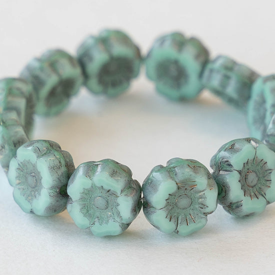 Load image into Gallery viewer, 7mm Glass Flower Beads - Light Blue with Picasso Wash - 12 Beads
