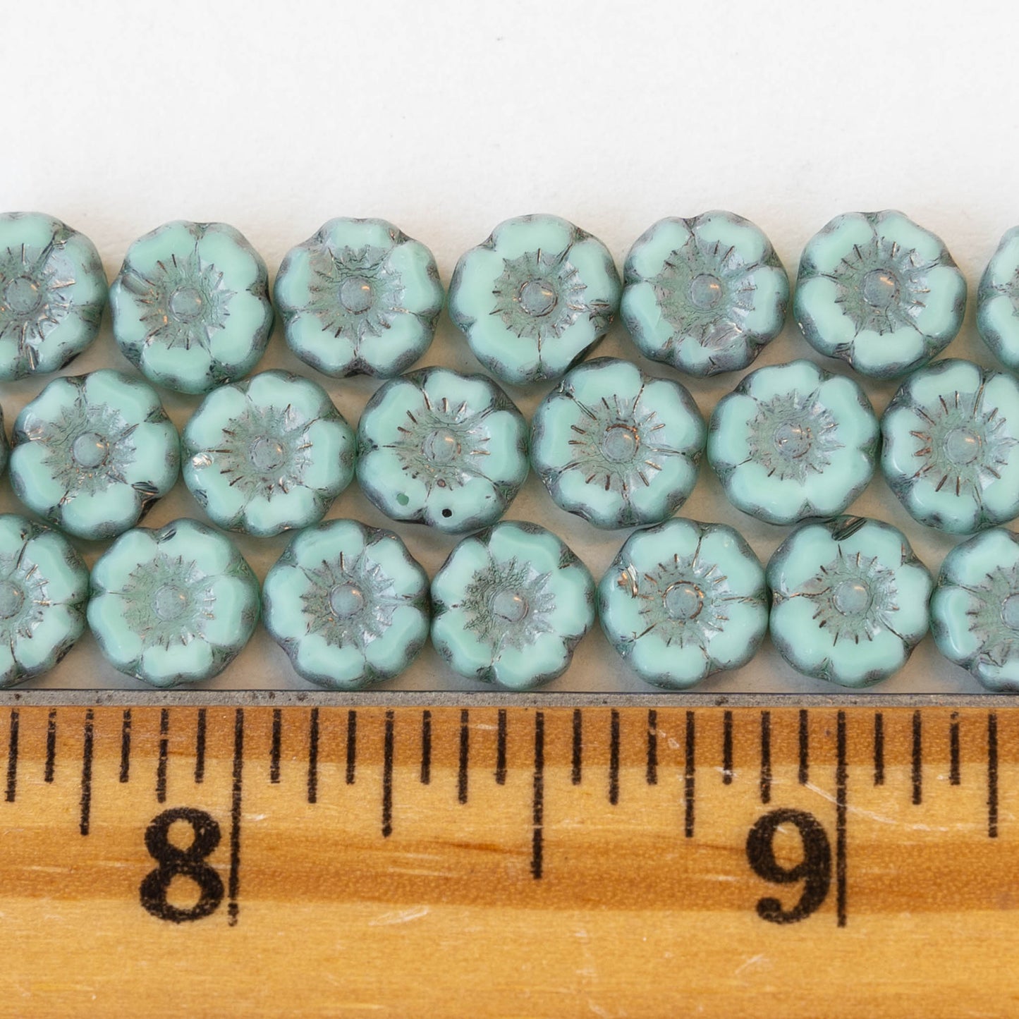7mm Glass Flower Beads - Light Blue with Picasso Wash - 12 Beads