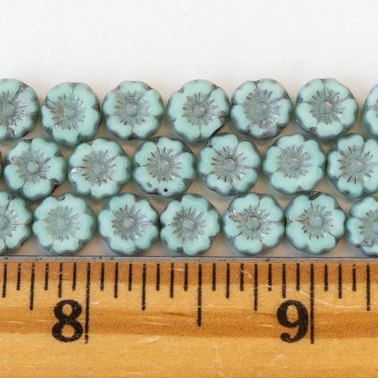 Load image into Gallery viewer, 7mm Glass Flower Beads - Light Blue with Picasso Wash - 12 Beads
