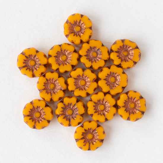 7mm Glass Flower Beads - Marigold Yellow - 12 Beads