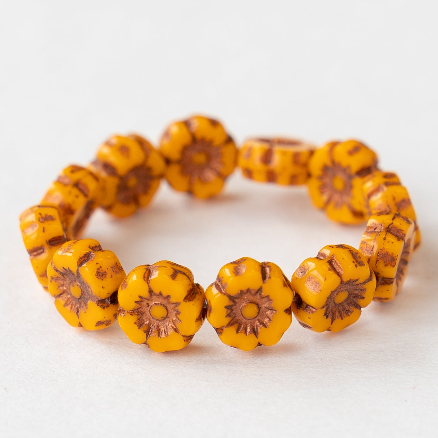 7mm Glass Flower Beads - Marigold Yellow - 12 Beads