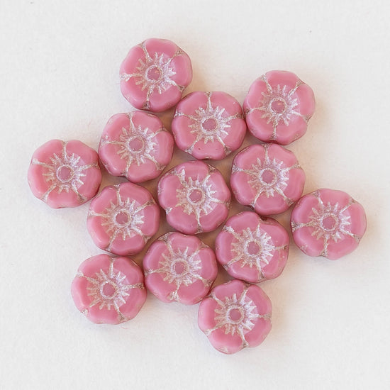 7mm Glass Flower Beads - Pink Silk with Silver Wash - 12 Beads