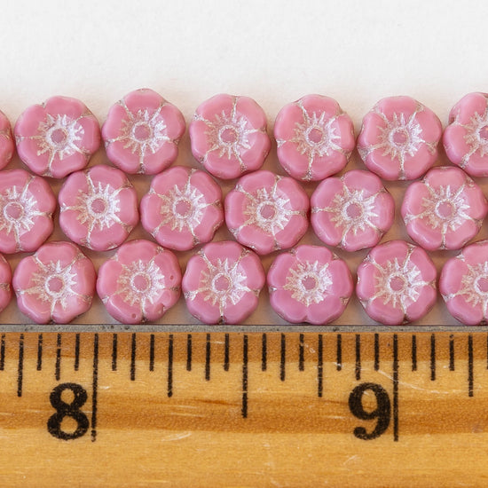 7mm Glass Flower Beads - Pink Silk with Silver Wash - 12 Beads