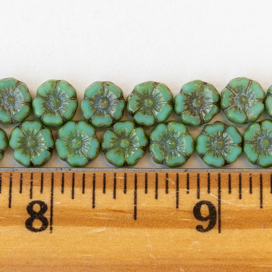 7mm Glass Flower Beads - Opaque Turquoise with Picasso Finish - 12 Beads