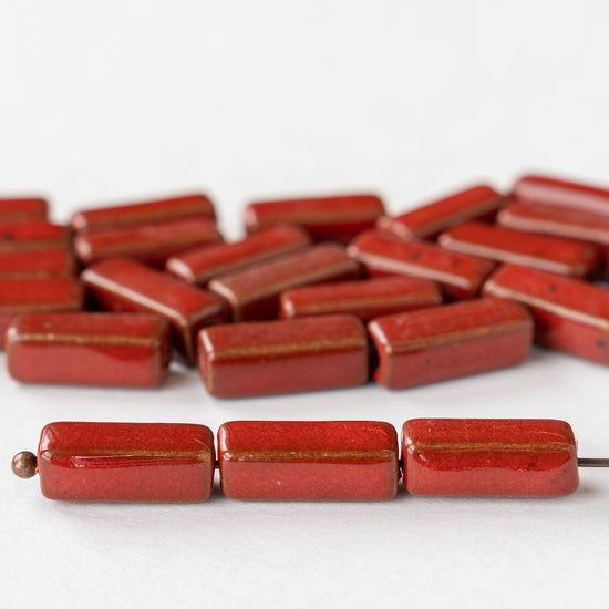 17mm Shiny Glazed Ceramic Rectangle Tube Beads - Crimson Red - 10 or 30