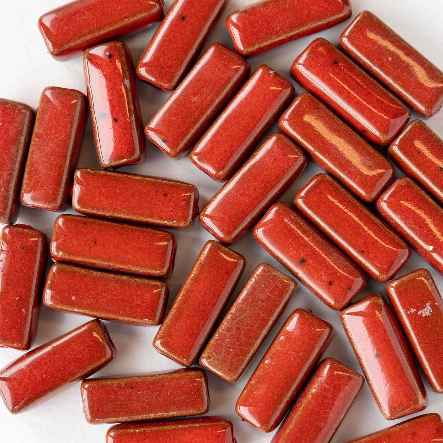 17mm Shiny Glazed Ceramic Rectangle Tube Beads - Crimson Red - 10 or 30