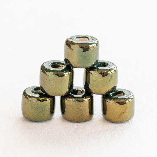 Load image into Gallery viewer, 7x8mm Shiny Glazed Ceramic Tube Beads - Gold &amp;amp; Forest Green
