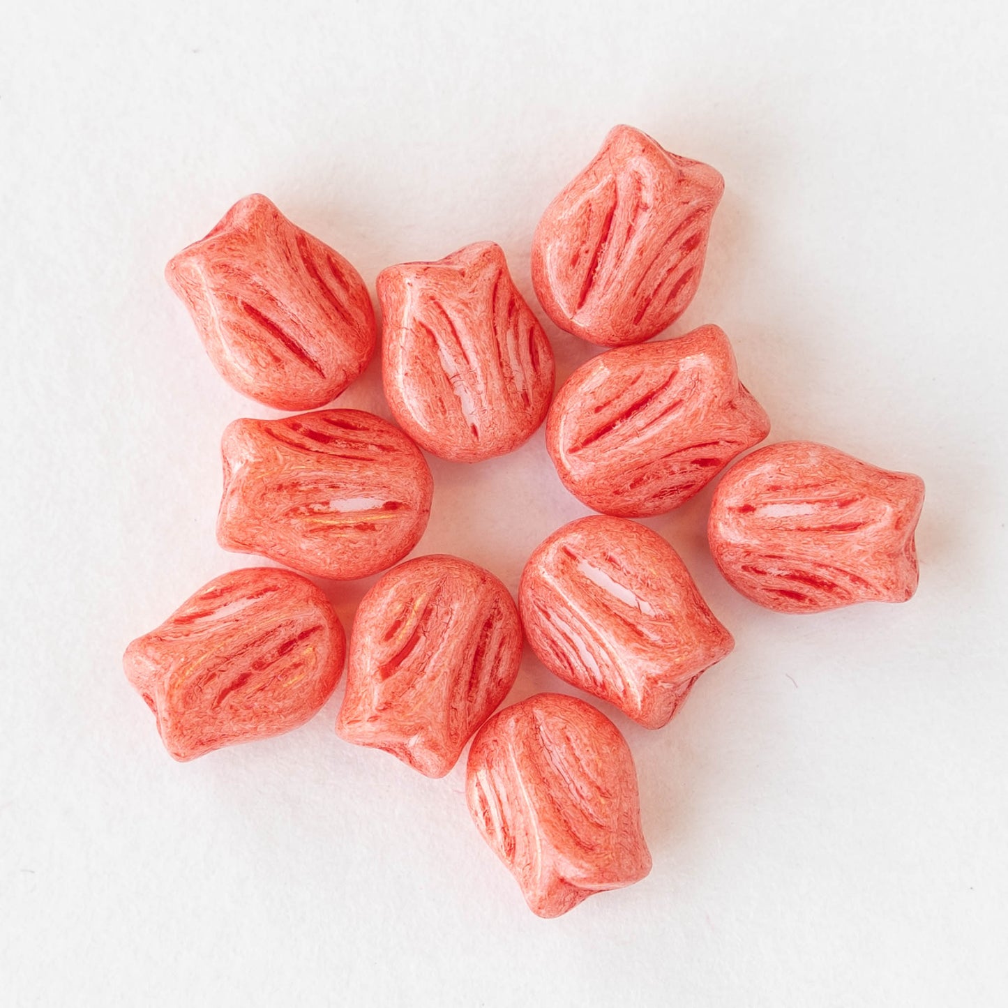 9mm Glass Tulip Beads - Coral Pink - 20 Beads