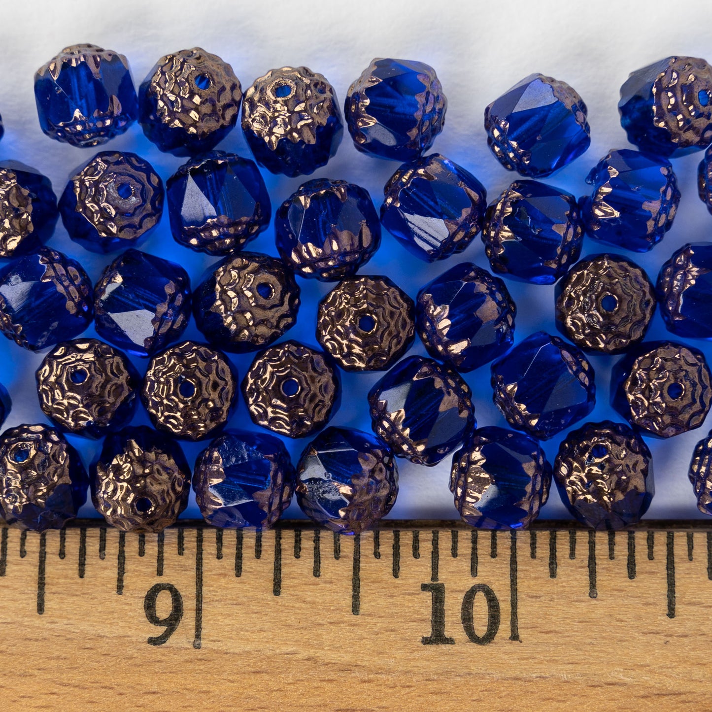 8mm Cathedral Tube - Capri Blue with Bronze - 20 Beads