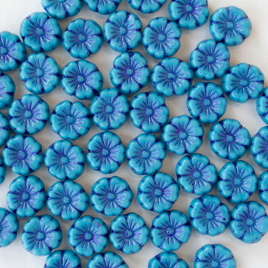 8mm Glass Flower Beads - Blue with Periwinkle Wash - 20 beads