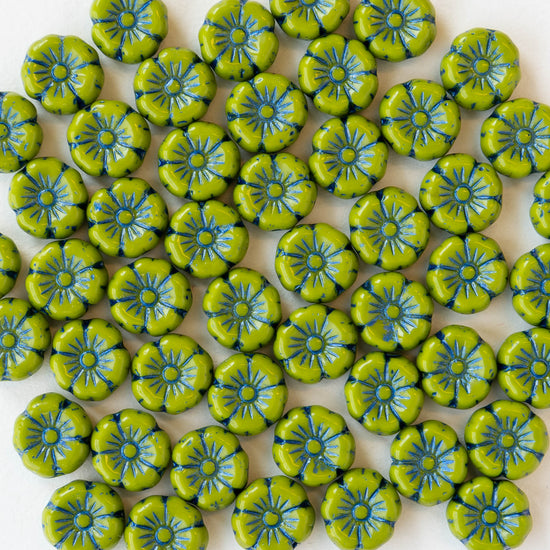 8mm Glass Flower Beads - Lime Green with Blue Wash - 20 beads
